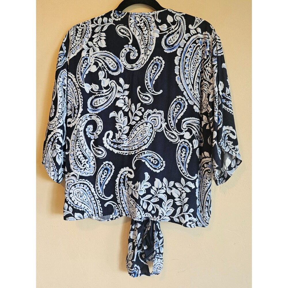 Karen Kane viscose Blue paisley Tie Front Button Front Blouse Top Women's M - Picture 2 of 4